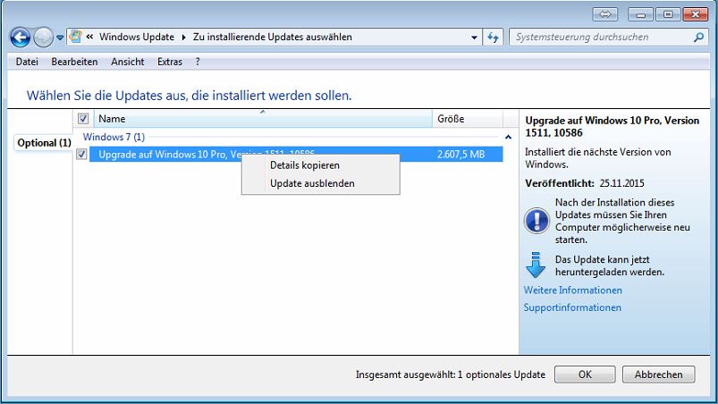 Windows10 Upgrade in Windows Updates ausblenden