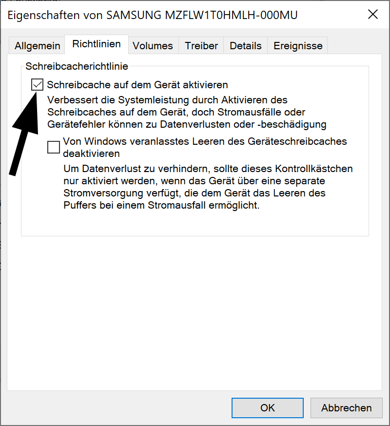 Aktivieren des Schreibcache in Windows 10