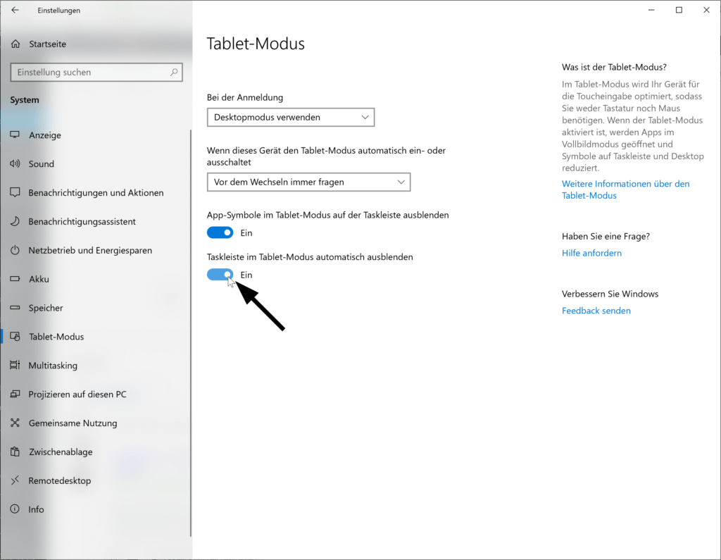 Taskleiste im Tablet-Modus in Windows 10 automatisch ausblenden