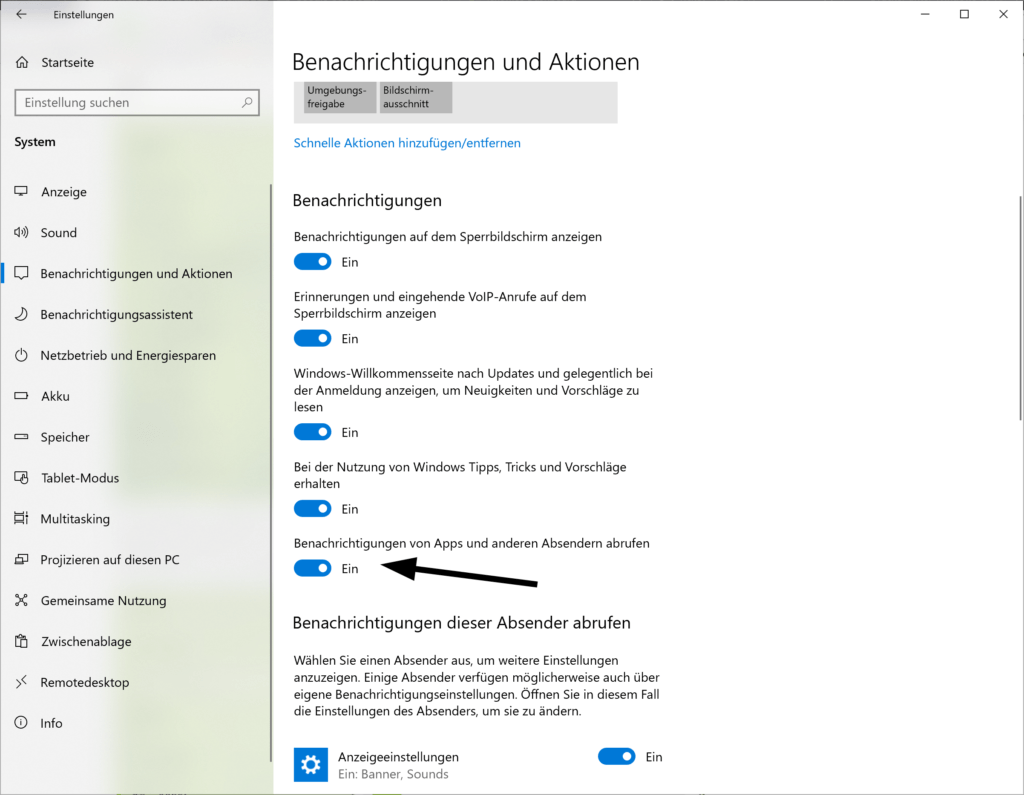 Aktivieren / Deaktivieren von Benachrichtigungen in Windows 10