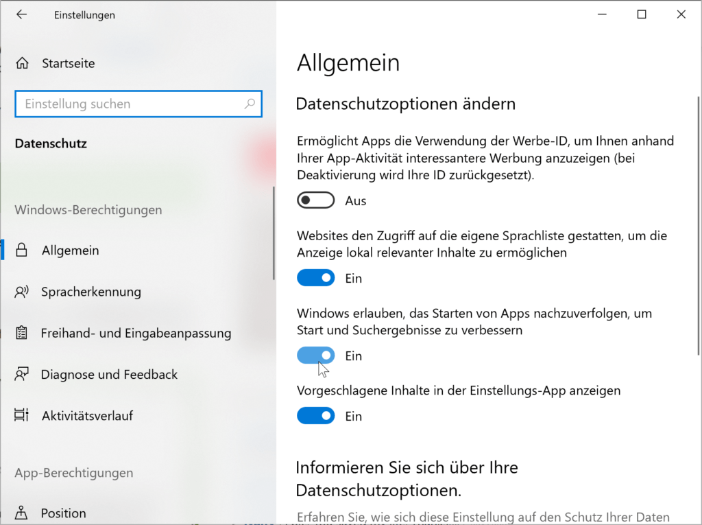 Aktivieren oder deaktivieren das Windows 10 App-Starts verfolgt