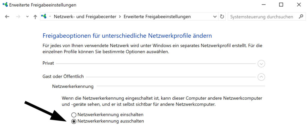 Konfigurieren der Netzwerkerkennung in Windows 10