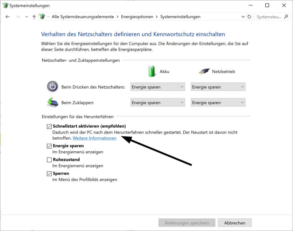Schnellstart in Windows 10 aktivieren / deaktivieren