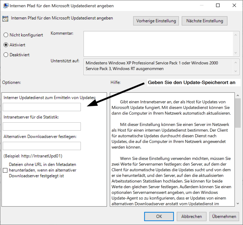 internen Speicherorts für den Microsoft Updatedienst in Windows 10