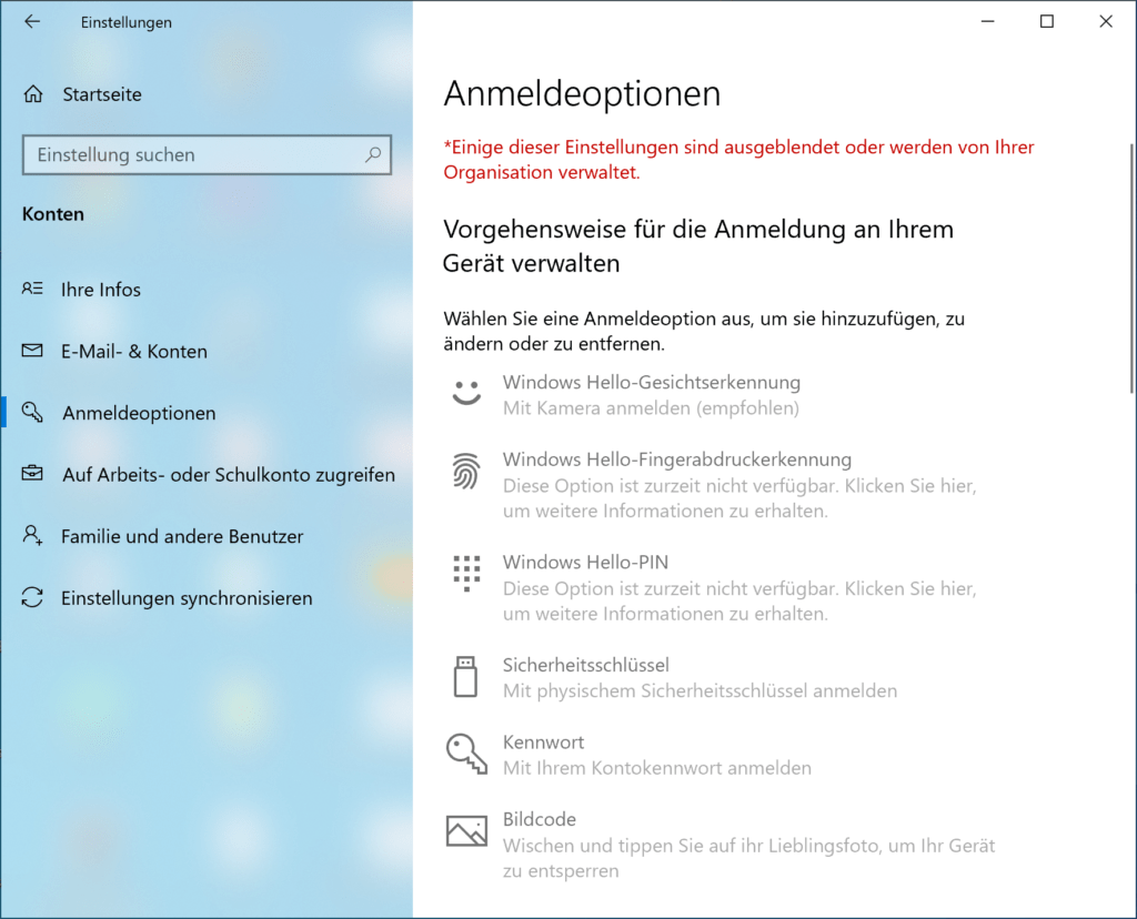 Anmeldeoptionen in Windows 10 aktivieren oder deaktivieren